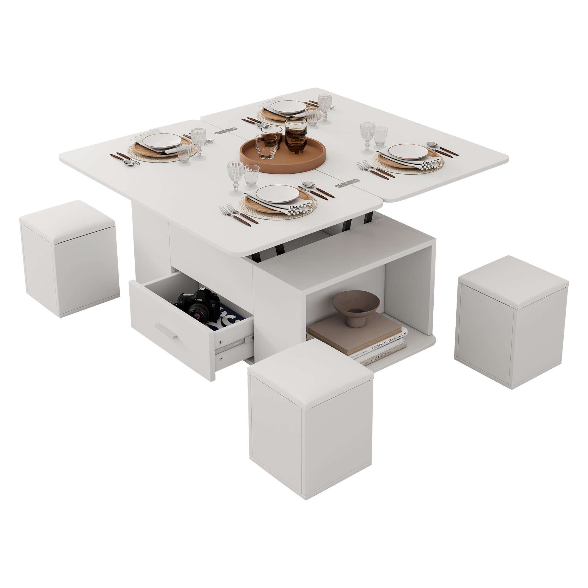 Table basse avec plateau relevable, 1 tiroir et 4 tabourets - 100 x 50 x 45 cm - Panneau de particules - Blanc - 5