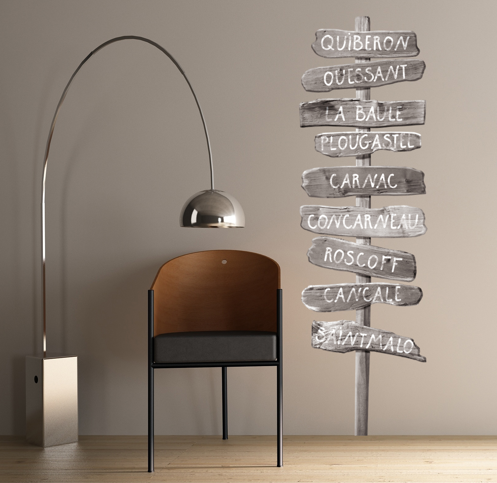 Panel adhesivo trompe l'oeil trompe l'oeil, foto de un panel direccional gris español, 50 cm x 171 cm