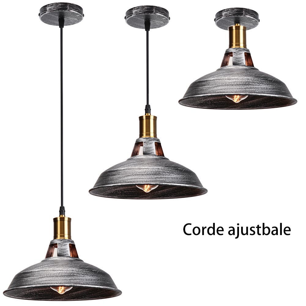 Lustre Suspension Industrielle Vintage E27 LED Lampe Plafonniers Retro Abat-jour pour Cuisine Salle à manger Salon Chambre Restaurant, Argenté - 2