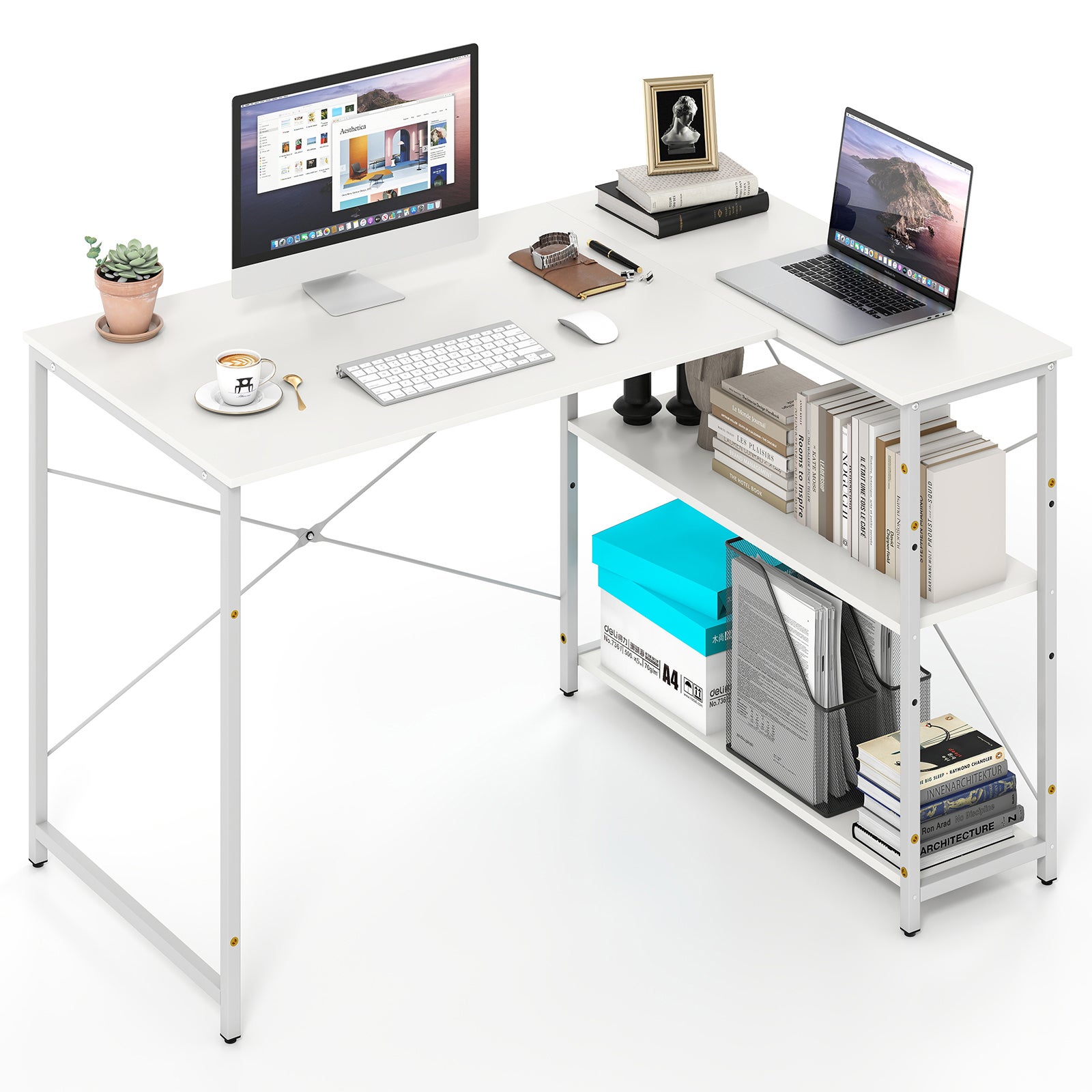 COSTWAY Scrivania Angolare A L Con Presa Di Corrente E USB – Salvaspazio, Metallo, Per Computer E Ufficio Domestico, Nero