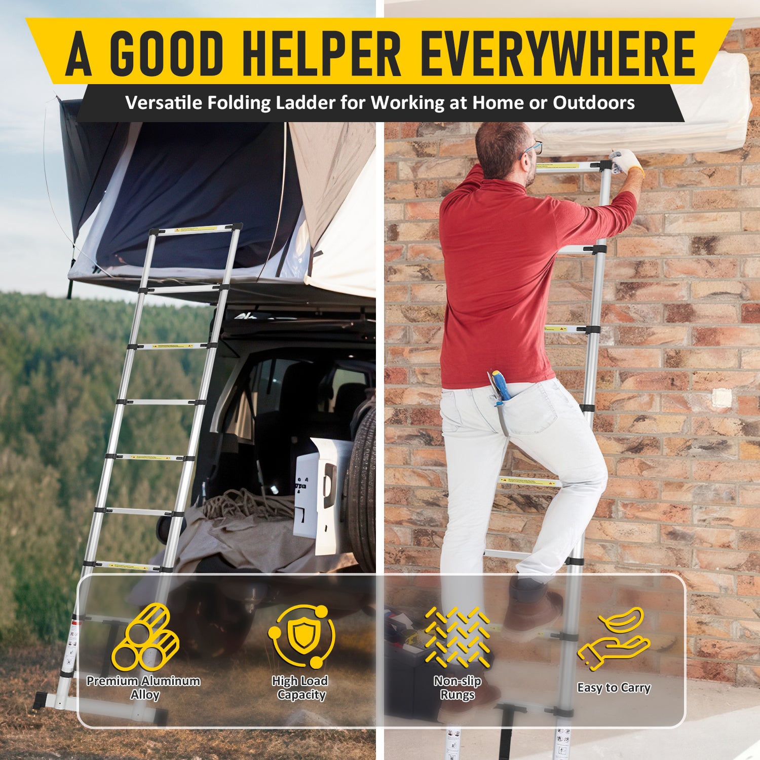 Escabeau echelle telescopique Premium 3,8m avec stabilisateur, antidérapante - 3