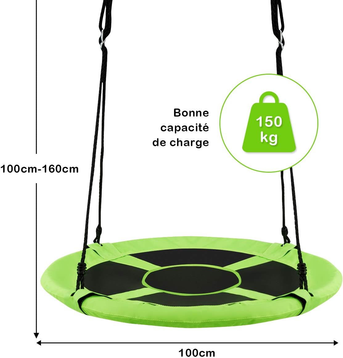 Balancoire Nid d’Oiseau Rond, Balancoire de Jardin en Tissu Oxford et PP, Ø100CM, Hauteur Reglable 100-160CM, Charge Maximale 150KG - 6