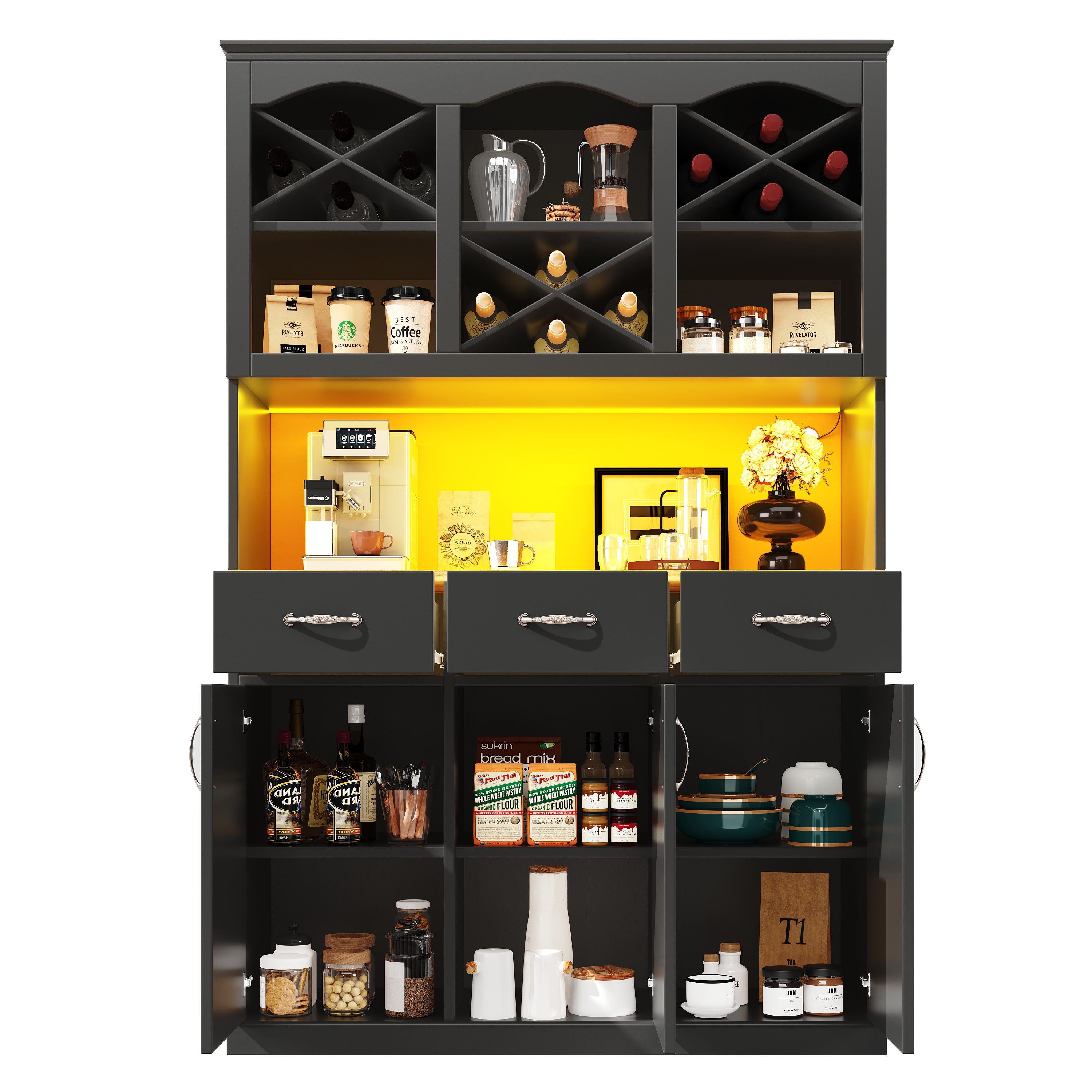 Buffet de cuisine avec 3 portes, 3 tiroirs et casiers à vin - 120 x 40 x 180 cm - LEDs - MDF - pour cuisine ou salle à manger - Noir - 6