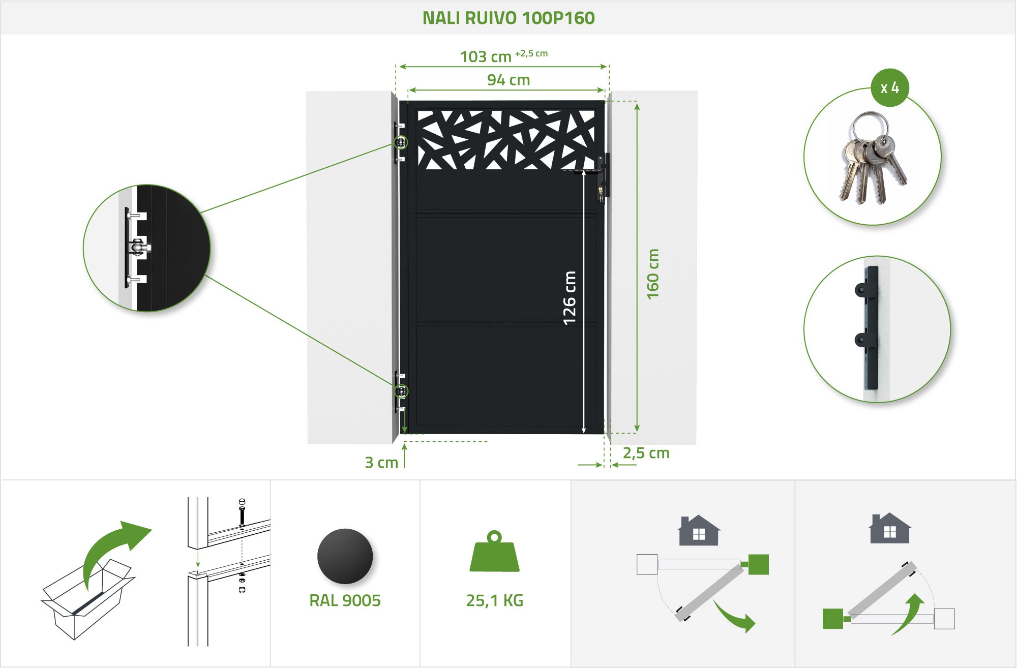 Portillon NALI RUIVO 1m H.160cm Acier Noir mat - 2