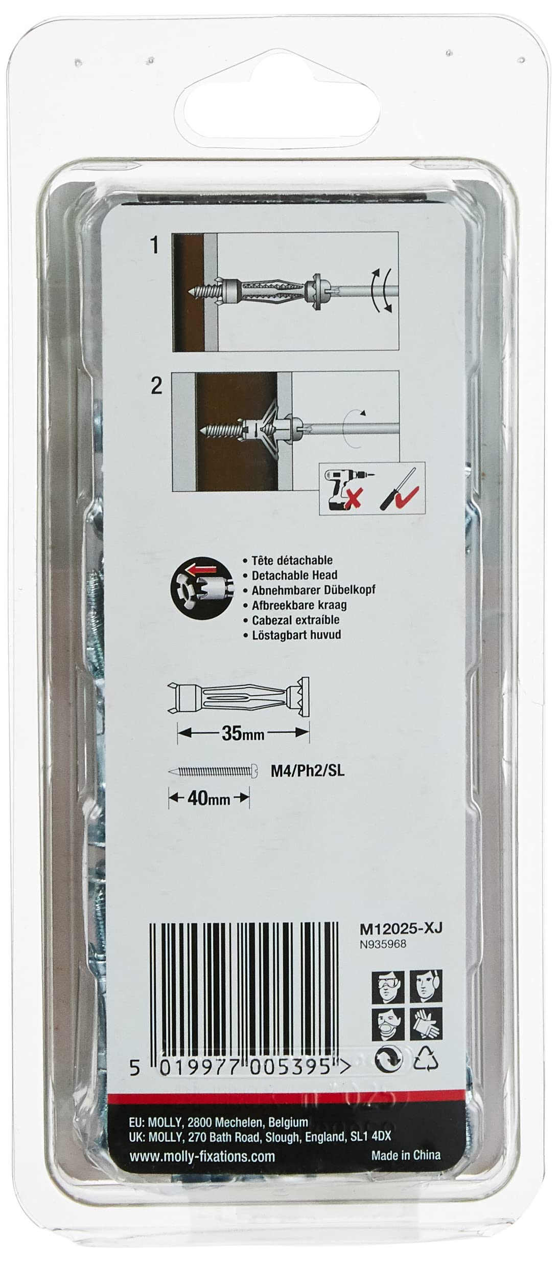 Molly M12025-XJ - Tasselli autoperforanti con viti M4, Ø 4 x 35 mm, colore: Grigio, Set di 40 pezzi - 2