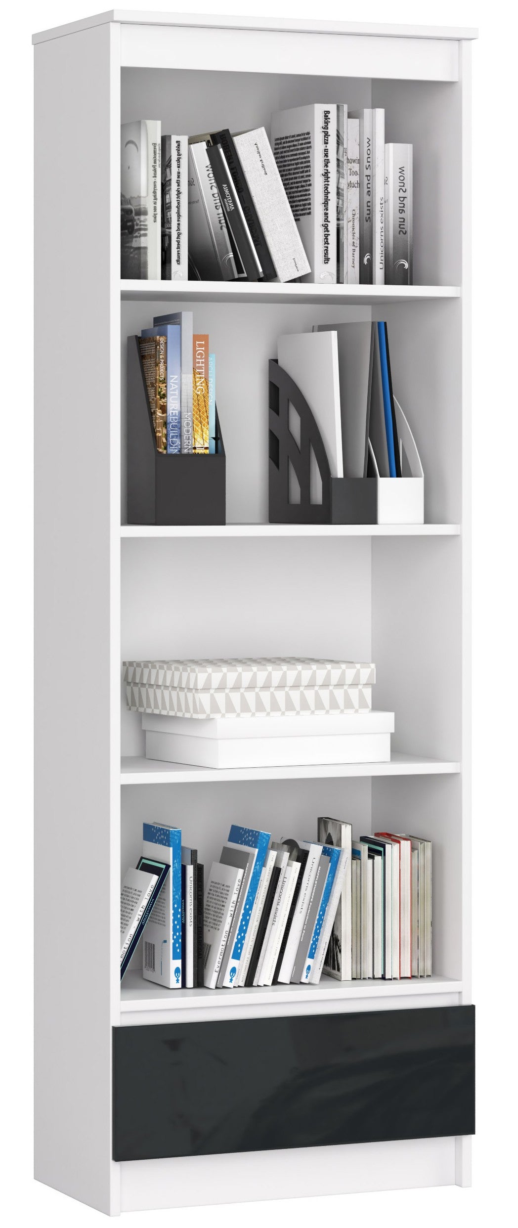 Regał AKORD R60 Biały 60 cm 1 szuflada kolor Grafit Połysk 4 półki 60x35x180 cm