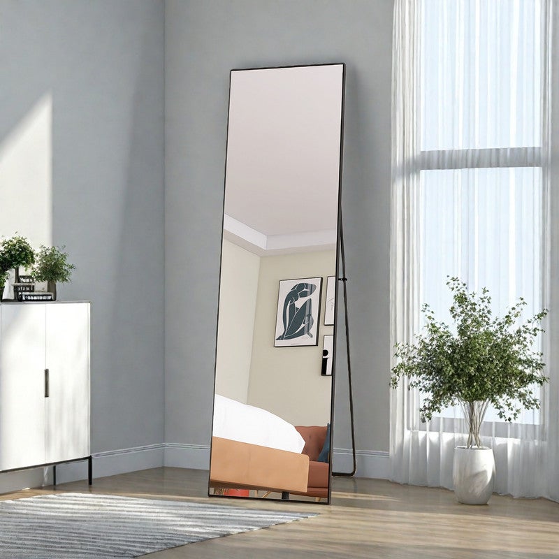 Miroir sur pied, 140x40 cm, Miroir rectangulaire, Miroir de maquillage, Cadre en alliage d’aluminium, Verre trempé, pour chambre, dressing, Noir - 2