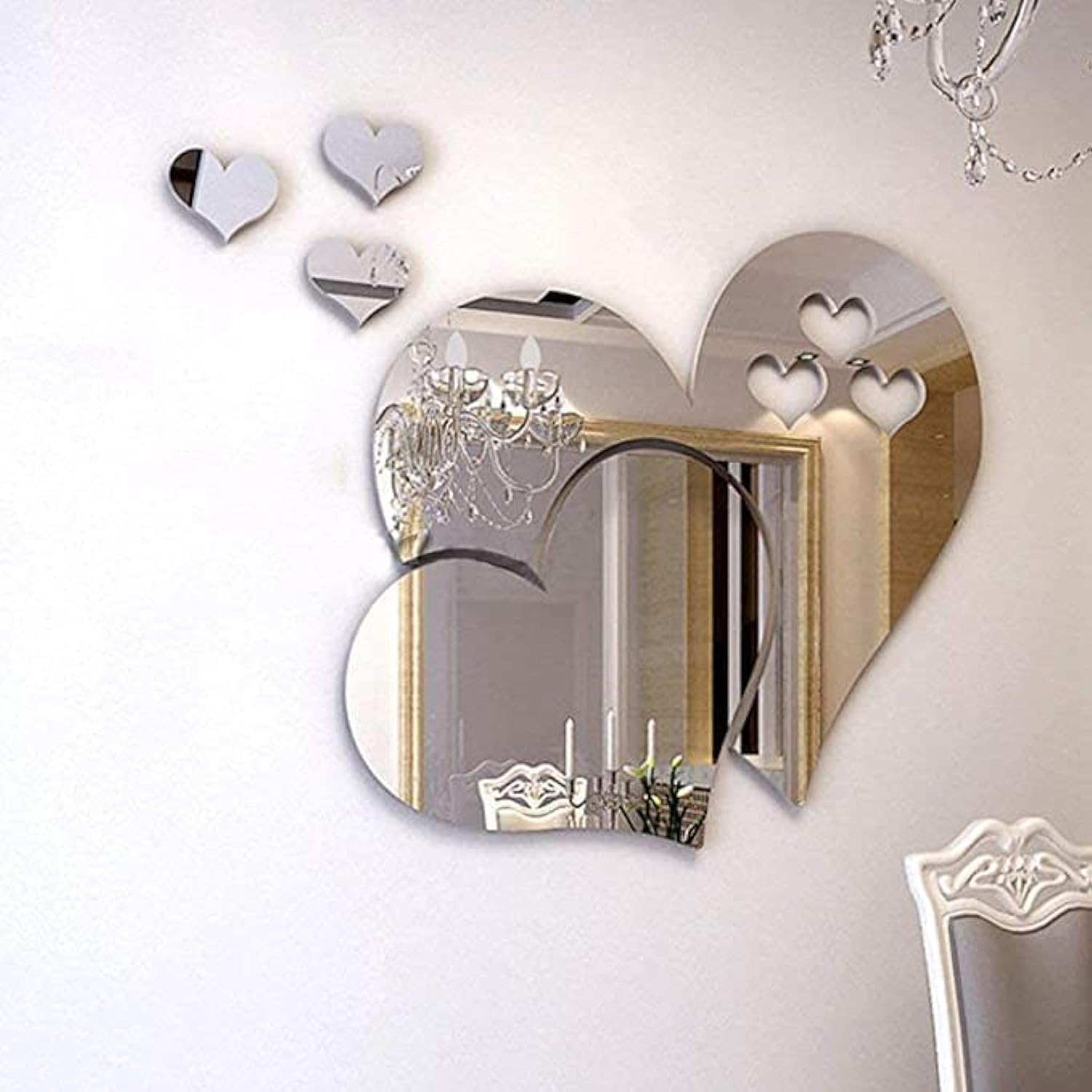 Naklejki ścienne z lustrem, akrylowe naklejki ścienne z kryształkami 3D Double Love Hearts DIY do salonu, 10 szt. / 2 zestawy (srebrne)