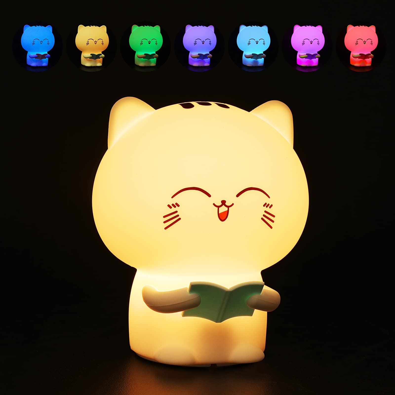 Luz de noche de gato lector para niños, luz de noche de 7 colores, lámpara de noche led, lámpara de noche linda para habitación de bebé