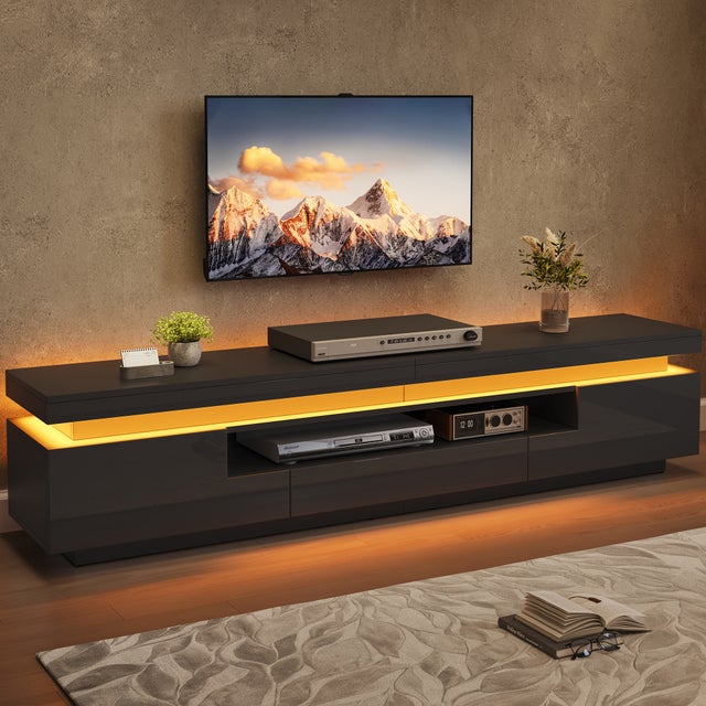Stolik pod TV z oświetleniem LED, 2 drzwi, 1 szuflada i błyszczący front - Płyta wiórowa - 175 x 38 x 45 cm - Czarny