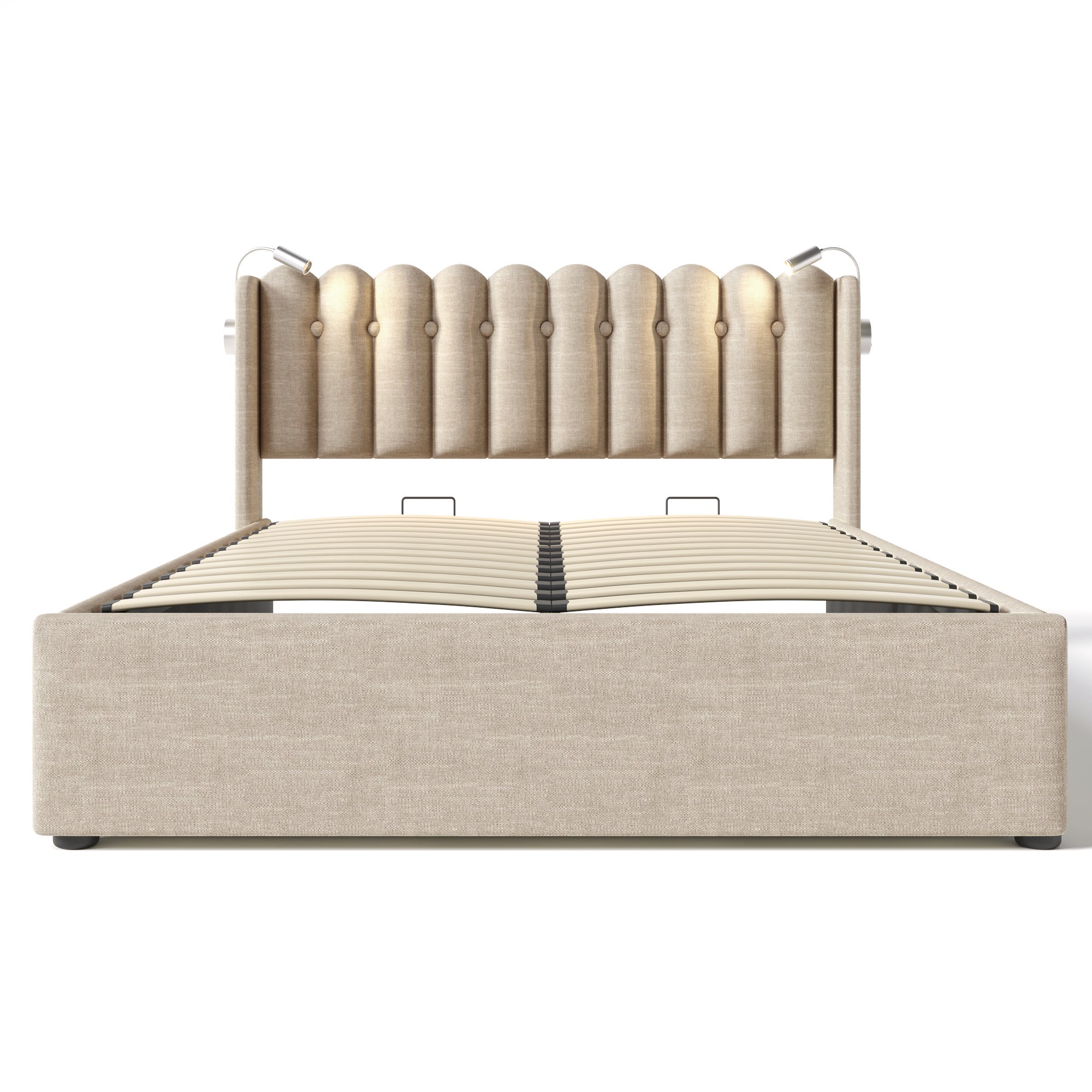 Cama contenedor con cabecero - 160 x 200 cm - lámpara de lectura y toma USB - tela de lino - color natural - 7