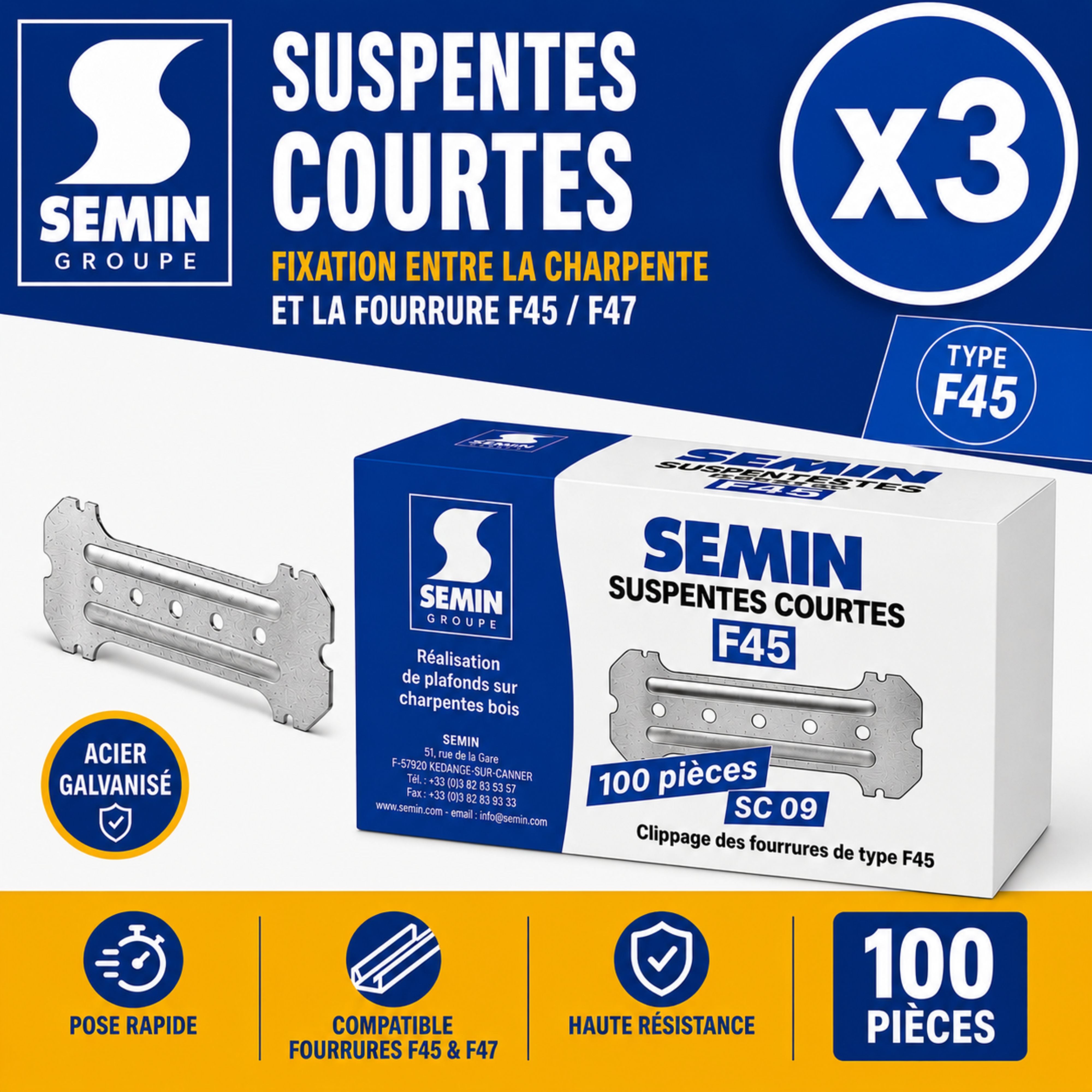 Suspentes Courtes 80 mm F45 Semin, Boite de 100, Lot de 3 - 2