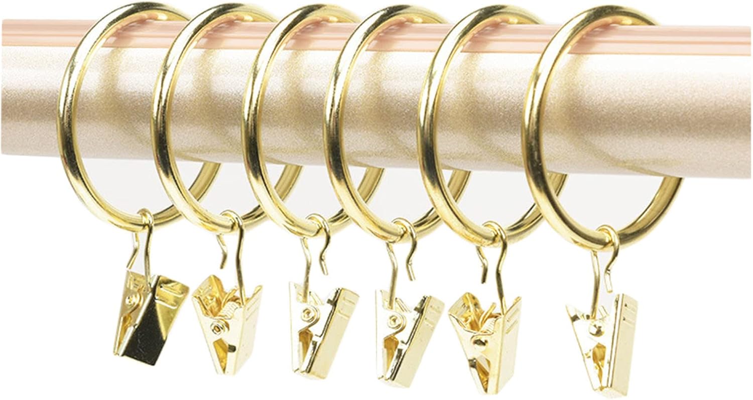 Zestaw 10 kółek do zasłon z metalowymi klipsami, klipsy do zasłon, klipsy do zasłon z kółkami (złote, średnica wewnętrzna 32 mm)