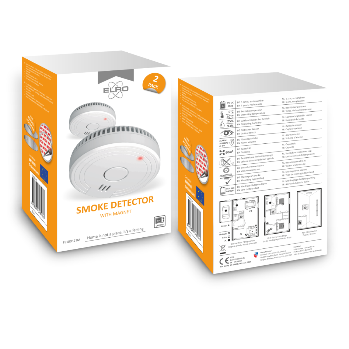 ELRO FS1805 Détecteur de fumée avec 5 ans de batterie et aimant - Conforme à la norme européenne EN14604 - 2 pièces - 6