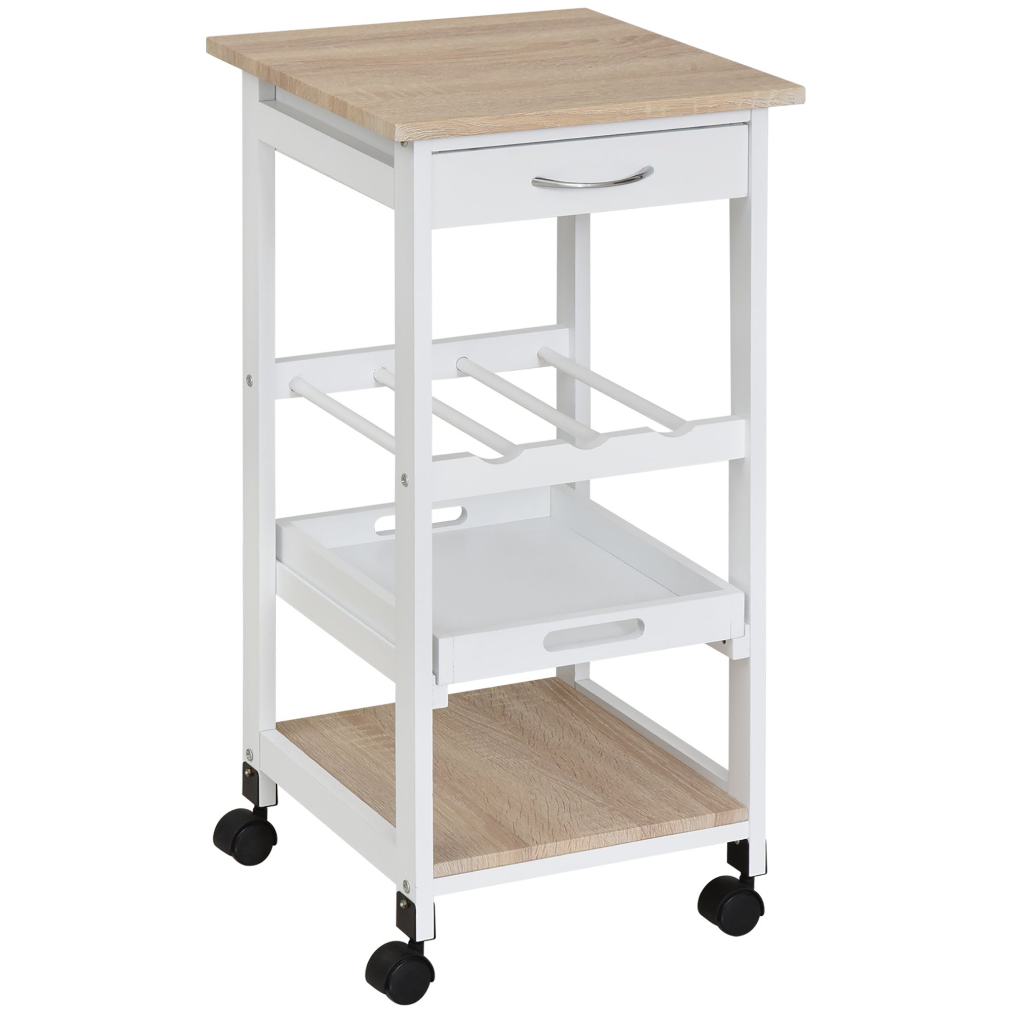Carrito de cocina carro de servicio multifuncional de 4 niveles con ruedas cajón estantes y botellero 37x37x76 cm blanco