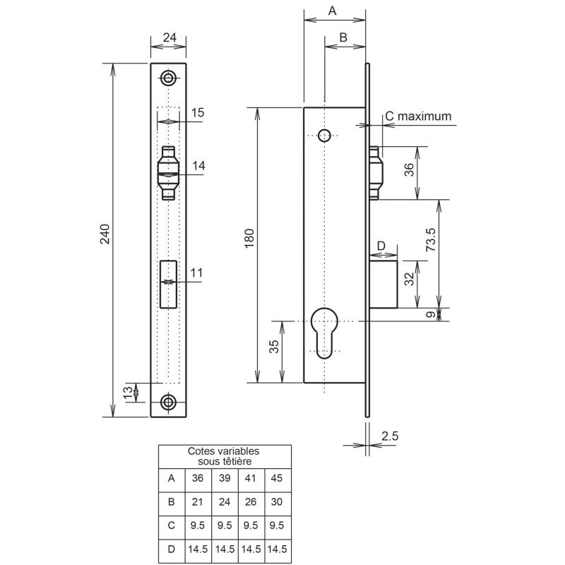 Serrure monopoint à larder profil étroit pêne dormant et rouleau Série 880 largeur 39mm 92MTX METALUX F188390000 - 2