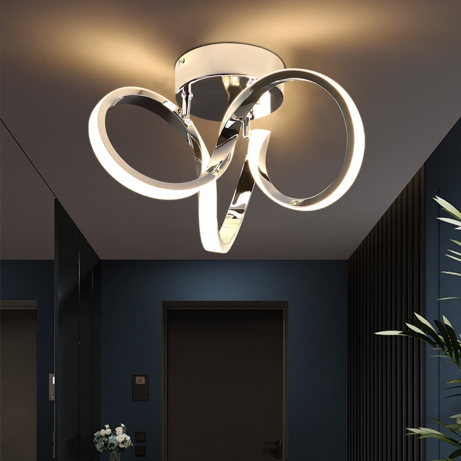 NETTLIFE lampa sufitowa LED chrom 31cm nowoczesna 19W ciepła biel 3000K lampa do przedpokoju do salonu sypialnia biuro pokój dziecięcy
