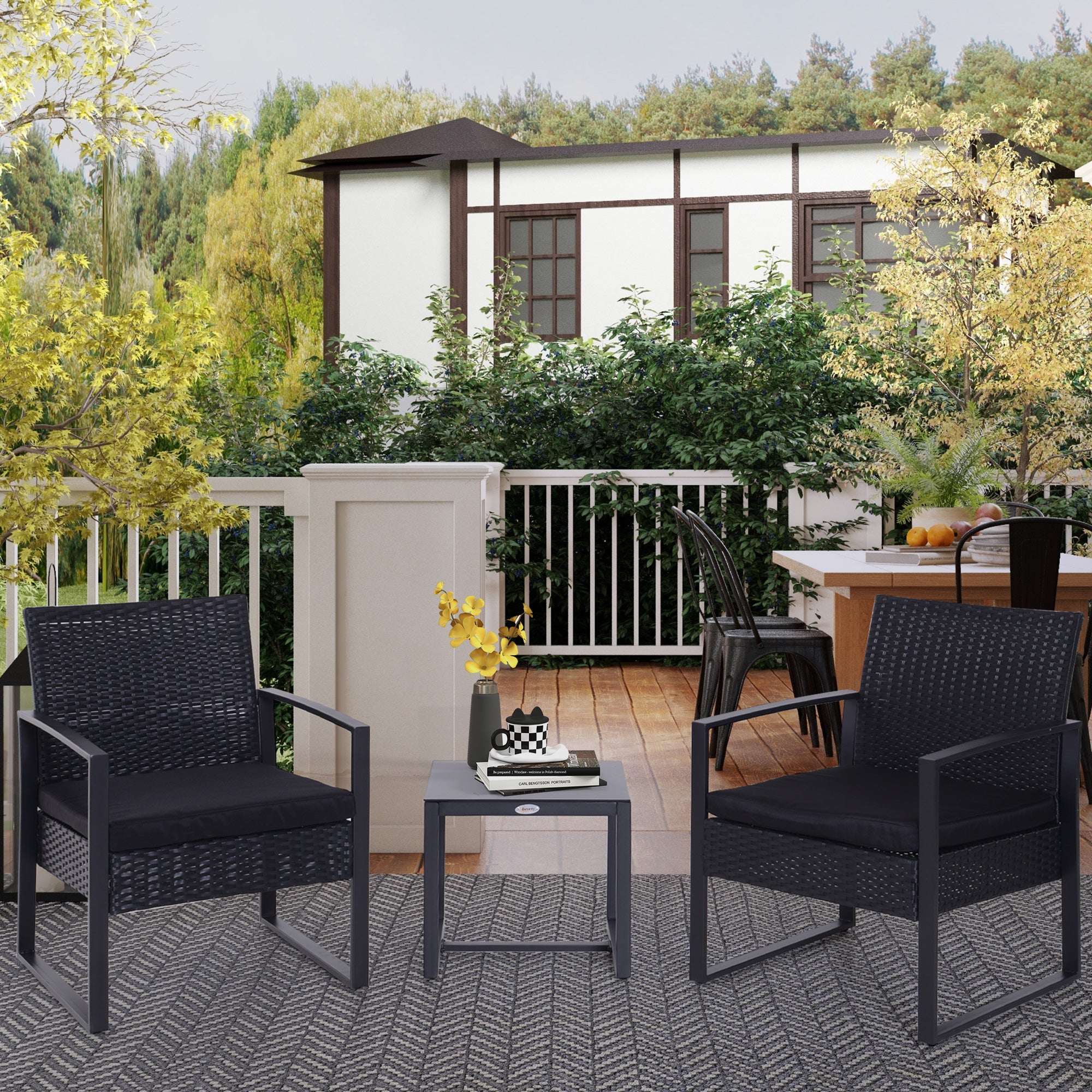 Conjunto de Cadeiras de Jardim Outsunny Preto Vime PE, Metal, Vidro Temperado e Tecido de Poliéster 63x57x76cm - 2