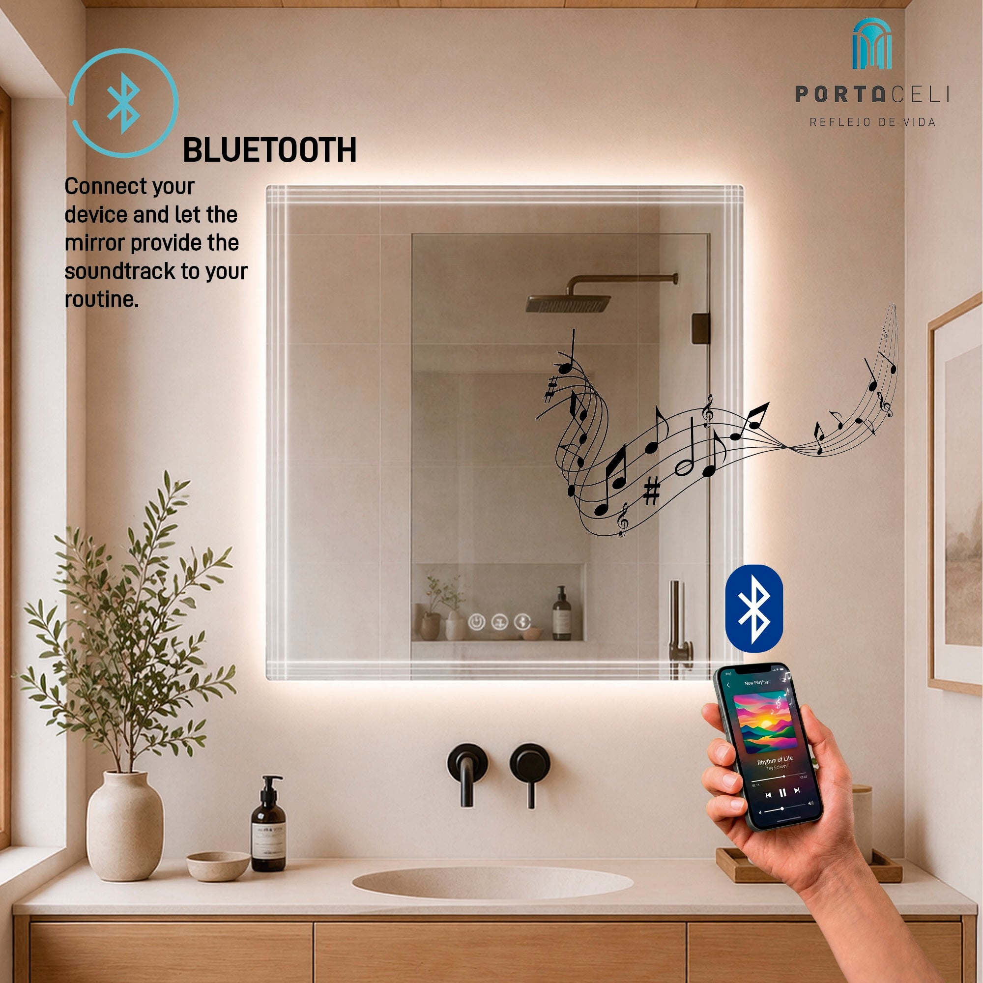 Miroir de salle de bain Line Connect 80 x 80, APP, Anti-buée et Bluetooth - 9