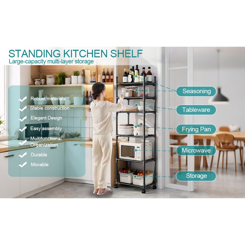 BOMCLAP Étagère de rangement mobile à 6 niveaux avec poulies, autoportante et grande capacité, idéale pour la cuisine et le rangement. - 5