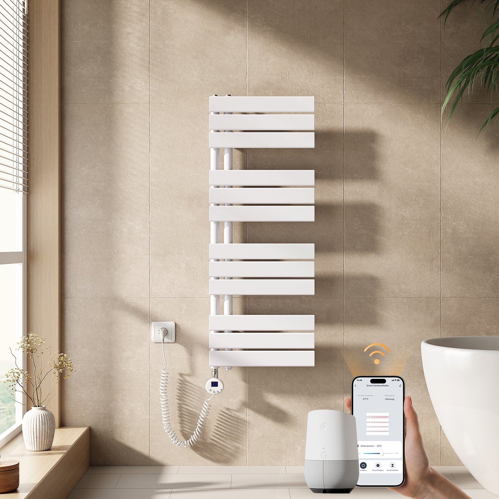 EMKE Grzejnik elektryczny łazienkowy 104x40cm - Inteligentne Sterowanie z Programatorem Tygodniowym w Aplikacji - 400W - Biały