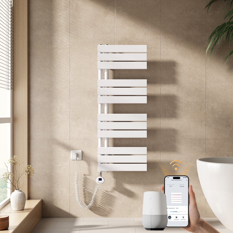 EMKE Grzejnik elektryczny łazienkowy 104x40cm - Inteligentne Sterowanie z Programatorem Tygodniowym w Aplikacji - 400W - Biały