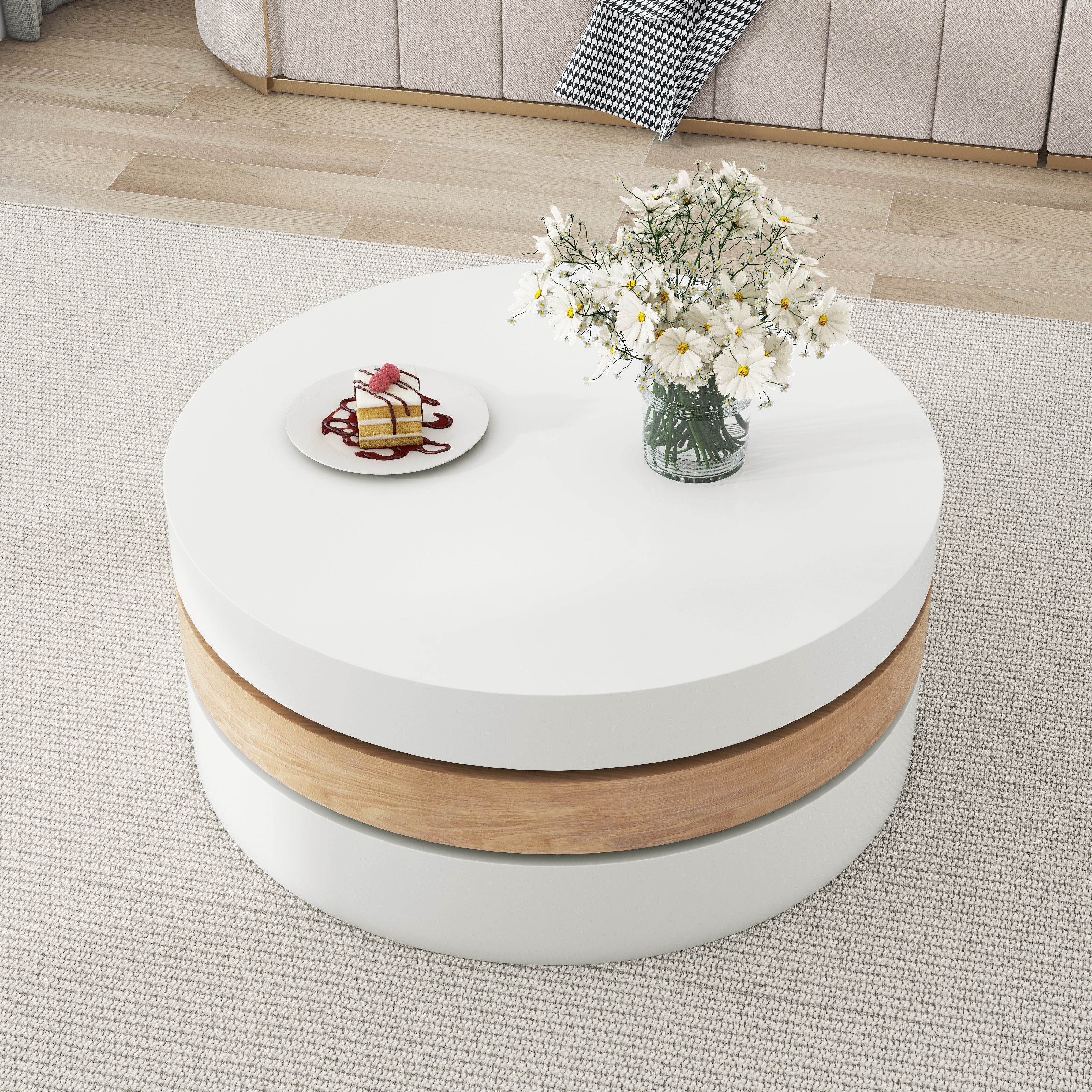 Table basse ronde pivotante 60 x 60 x 35,1 cm avec plateau rotatif 360°, rangement intégré, 3 niveaux, blanc et bois naturel - 3