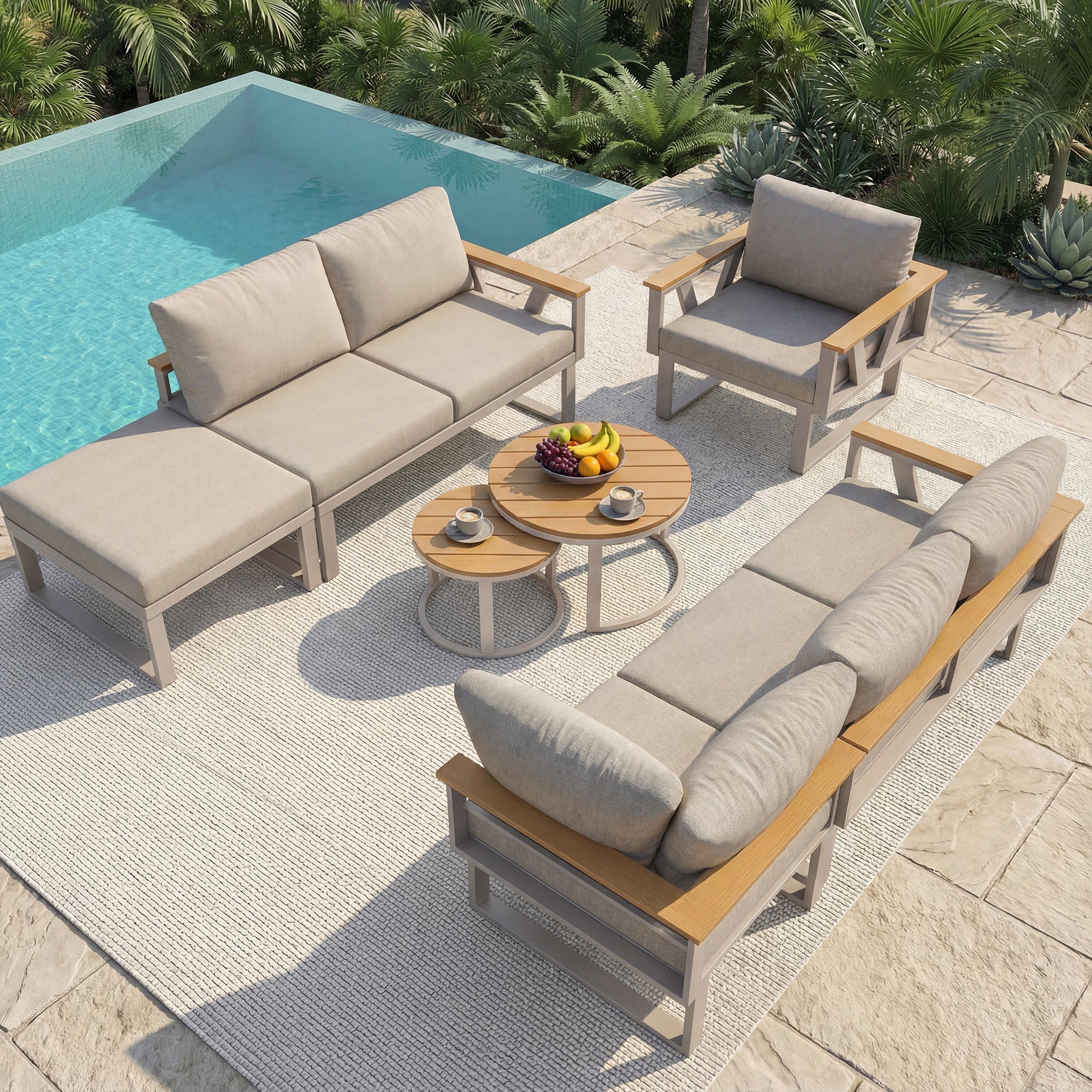 Salon de jardin - 6-7 places - en fer galvanisé - canapé d'angle - avec table basse gigogne - en bois plastique - fauteuil - repose-pieds, Beige - 4