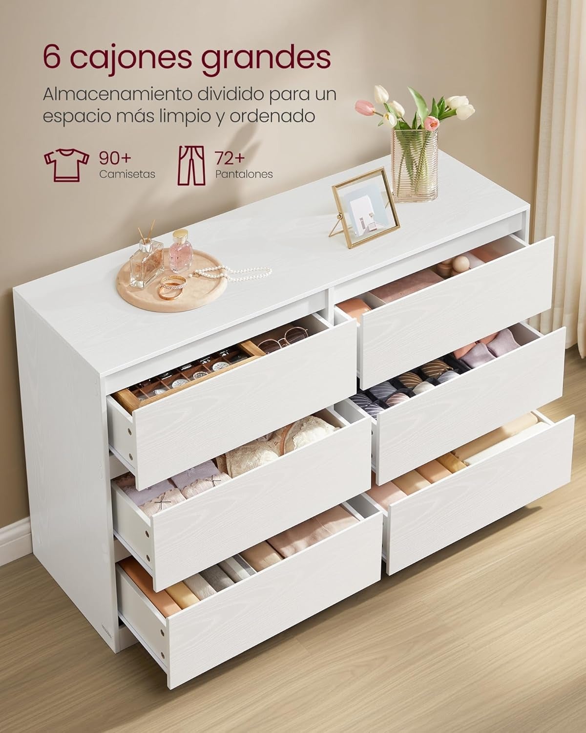 Cómoda de 6 cajones para dormitorio, cajonera de estilo moderno, perfecto para pasillo, salón, dormitorio, color blanco - 3