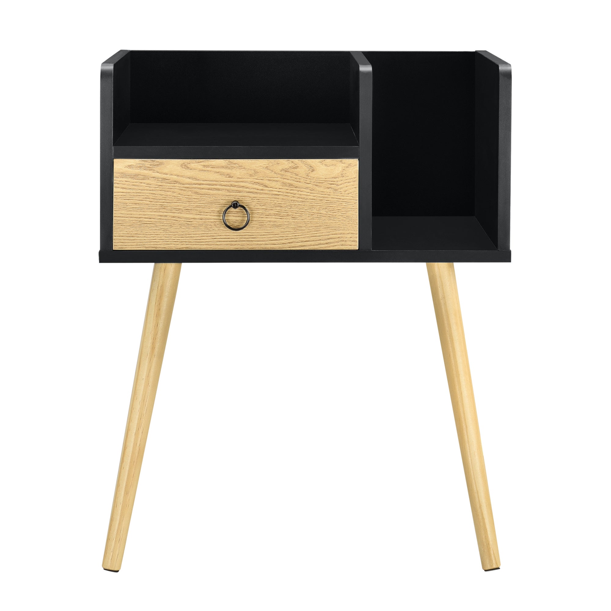 Comodino Gibbston con Cassetto e 2 Scomparti Aperti 64x50x36 cm - Nero/Colore Legno [en.casa] - 4