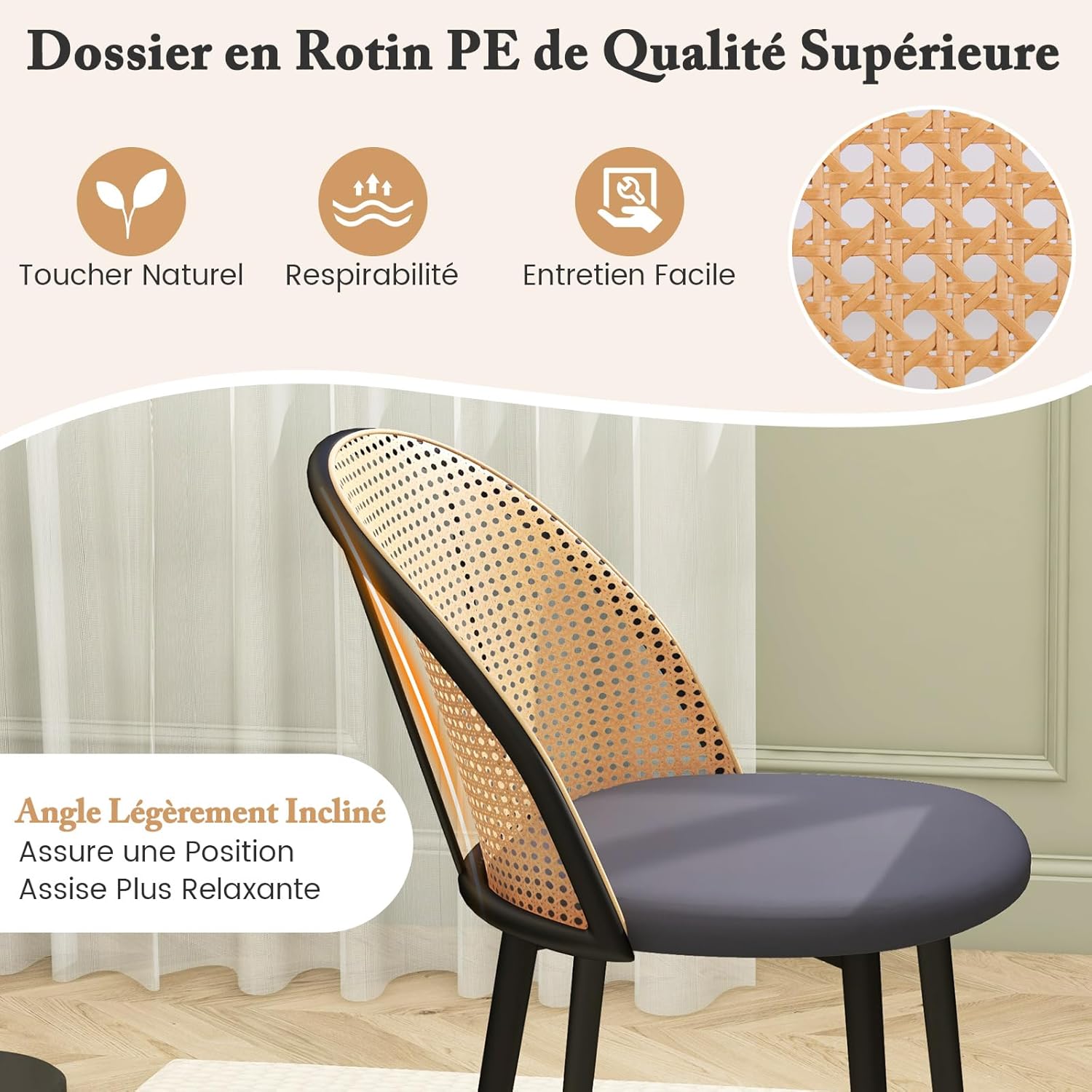 Lot de 2 Chaises de Salle à Manger, Chaise Cannage sans Accoudoirs, Siège Rembourré, Pieds Fuselés en Métal, Hauteur d’Assise 46 cm, Chaise - 4