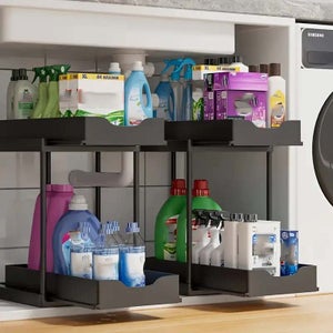 SONGMICS Paquete De 2 Estantes De Cocina Y Organizador De Gabinete Extraíble, Apilables, Organizadores Debajo Del Fregadero Con Cestas De Almacenamiento, Para Cocina Y Baño UKCS02NW Y UKCS017E01