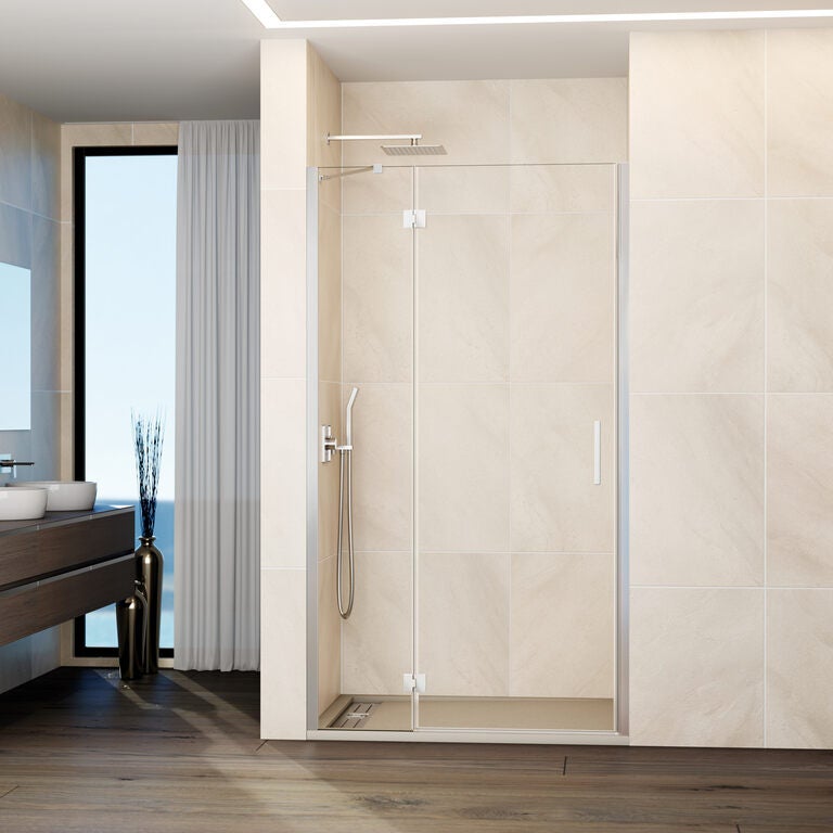 Paravan frontal GLASS panou fix + ușă batantă 90 cm (84,5-90; fix 20+ușă 65) crom sticlă transparentă