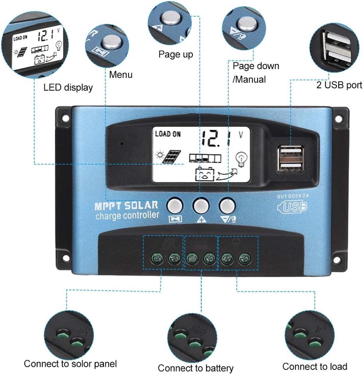 Controlador de Carga Solar, MPPT 100A carregador de bateria solar regulador de Carga controlador de painel duplo com visor LCD (100A) - 5