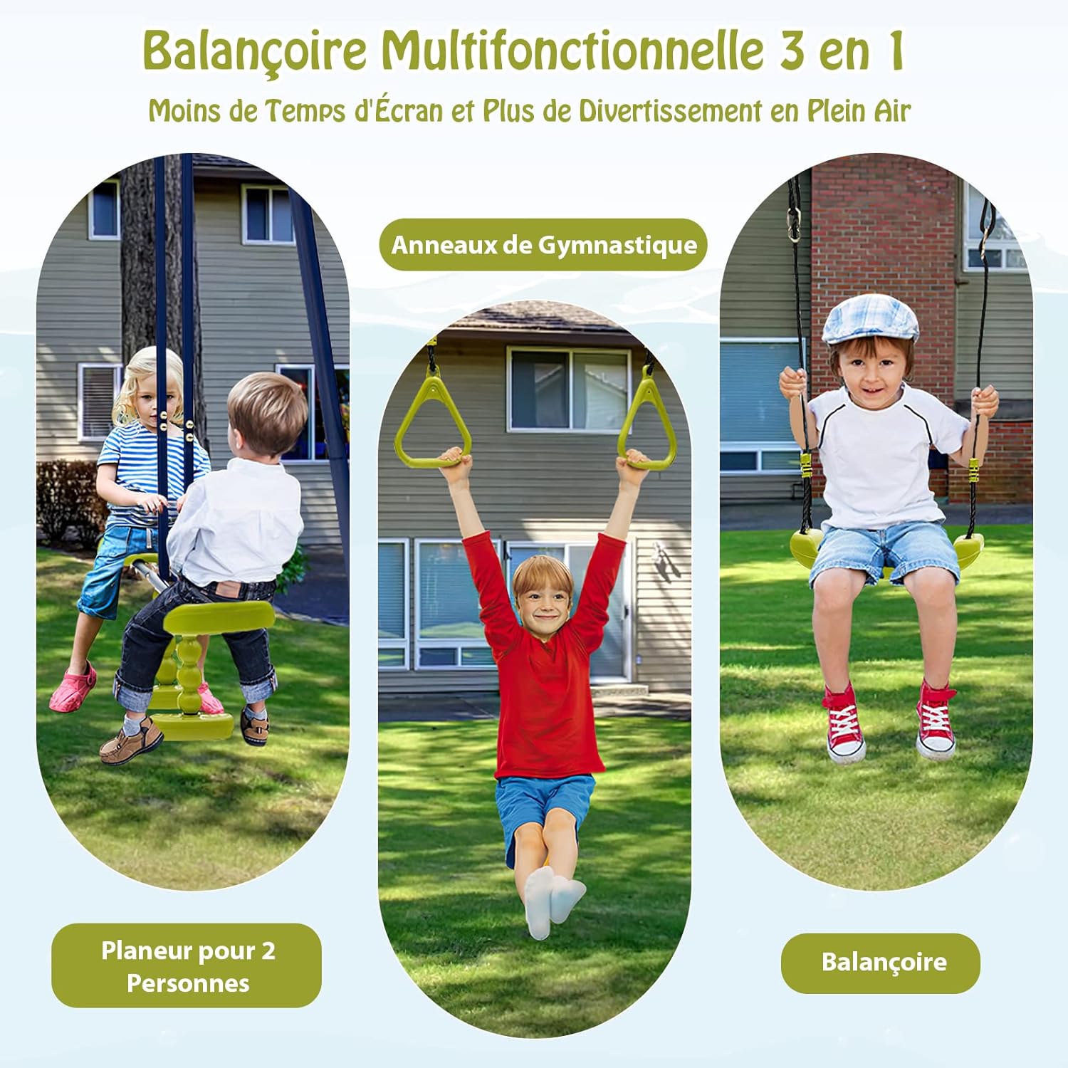 Set Altalene da Giardino per Bambini, Altalena 3 in 1 con Supporto in Metallo, Altalena a Doppio, Anelli da Ginnastica, Capacità 150 kg, per E - 2