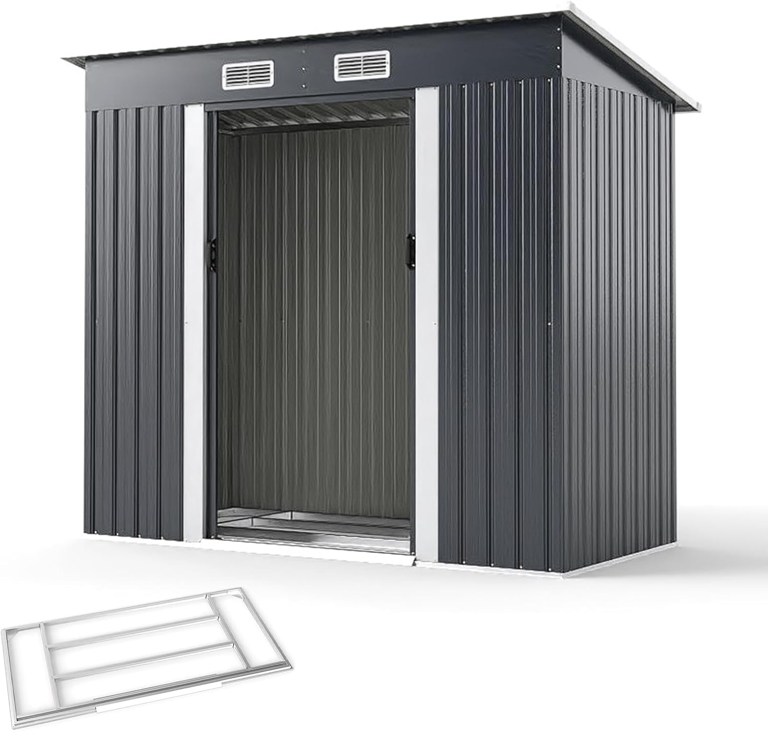 Metalowa Szopa Ogrodowa, 213 x 112 x 186 cm, Zewnętrzna Szopa Ogrodowa na Narzędzia z Pochyłym Dachem, Drzwi Przesuwne, Otwory Wentylacyjne, Fundament