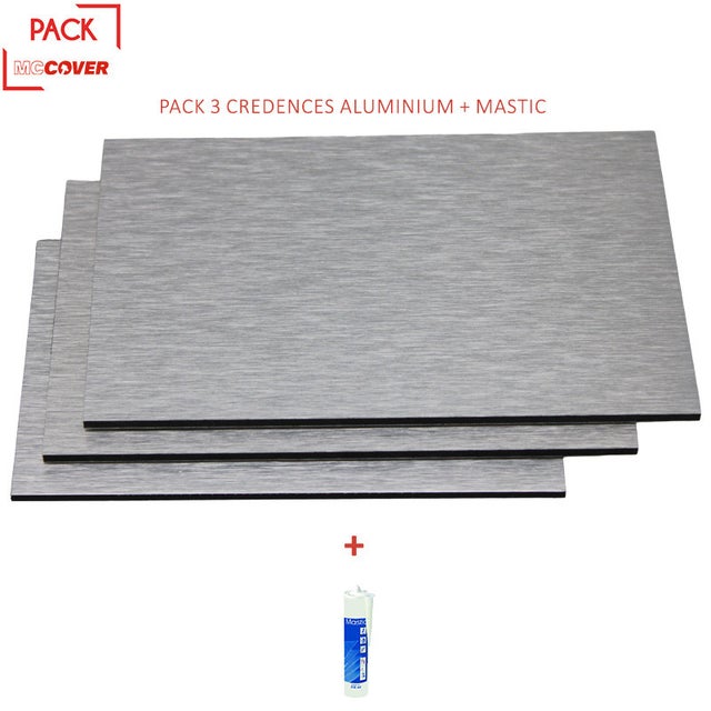 Crédences - Lot de 3 - Réversible - aluminium brossé 100x50x0.3cm + mastic - Coloris: Aluminum brossé