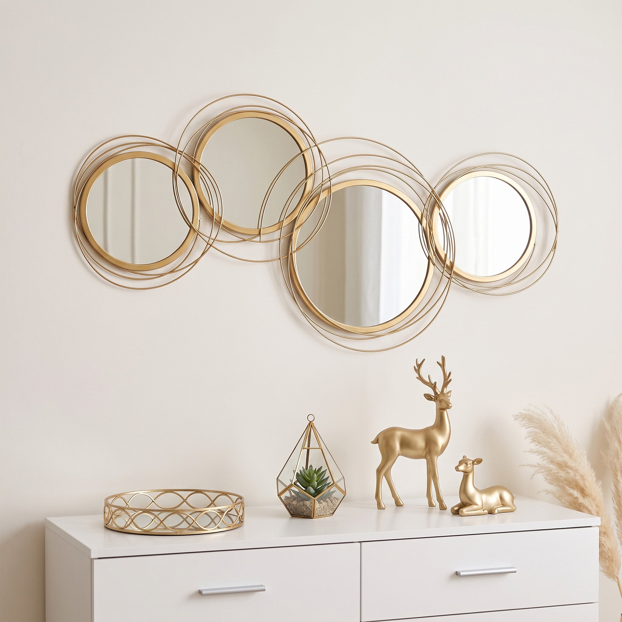 Homcom Decoración De Pared De Metal Espejos Redondos 107X56 Cm Dorado , Leroy Merlin
