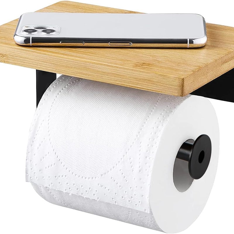 Uchwyt na papier toaletowy, uchwyt na papier toaletowy z bambusową półką, ścienny dozownik papieru toaletowego, uchwyt na rolkę papieru, samoprzylepn
