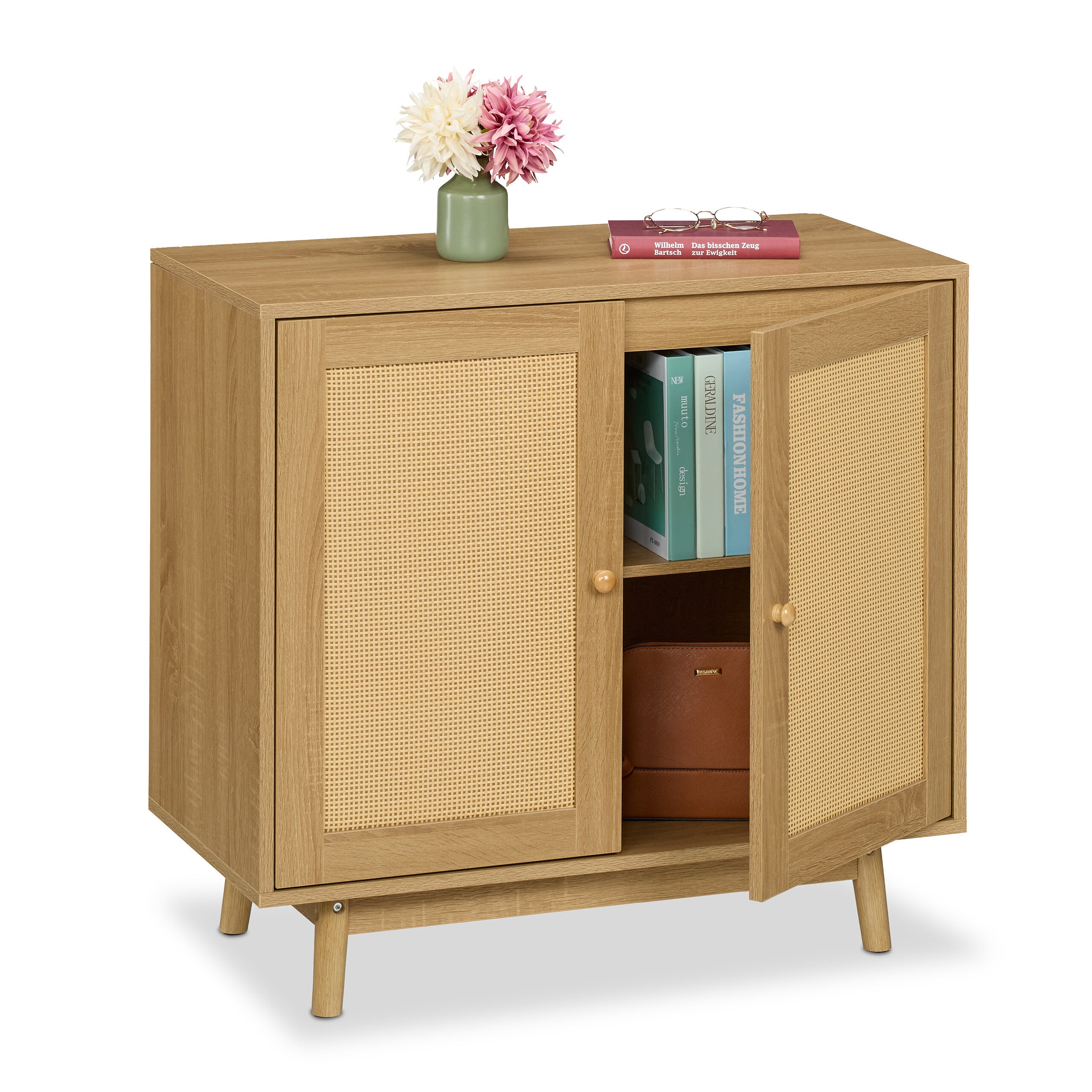Relaxdays dressoir, 2 deuren, 2 vakken, rotan- & houtlook, 80