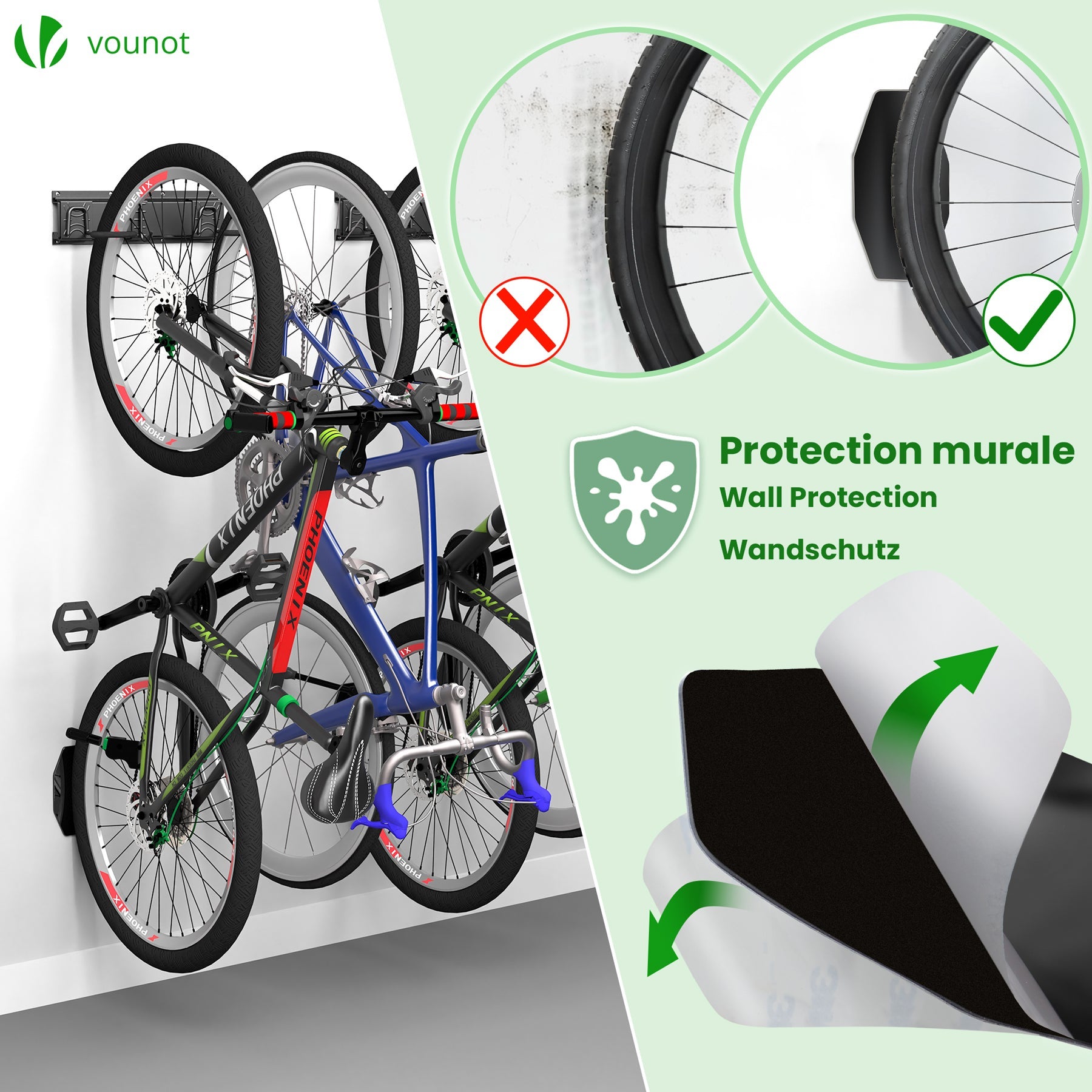 Support mural rangement pour 4 velos et 2 casques rails et crochets metal noir VOUNOT® - 4