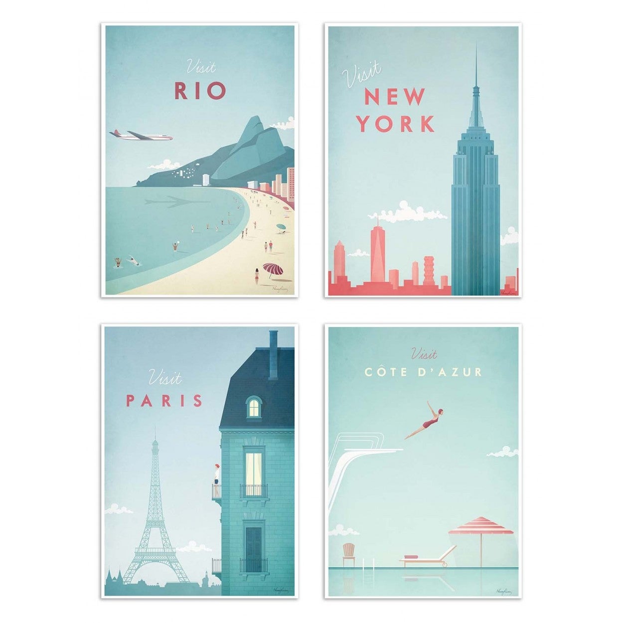 4 art-posters 20 x 30 cm - visit cities - henry rivers - 20 x 30 cm