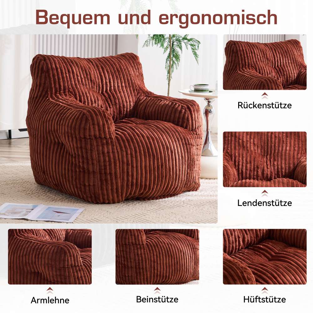 Fauteuil poire rouge​ en velours côtelé, rembourrage mousse, chaise lounge confortable, tissu doux, siège salon chambre, design moderne - 4