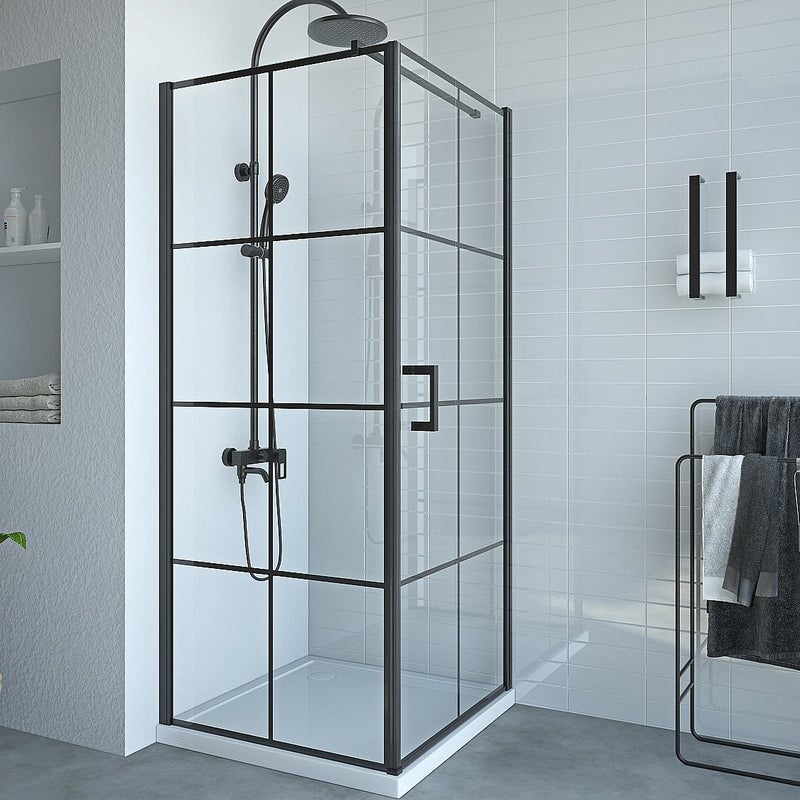 Parawan prysznicowy stały z drzwiami obrotowymi w kolorze czarnym matowym - 80 x 80 x 190 cm - CAPARICA