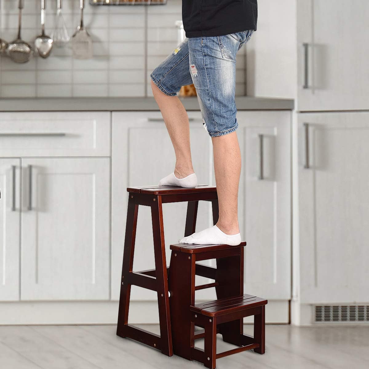 Tabouret d'Echelle 3 Marches Tabouret d’Escabeau Pliable 3 Etages, 57 x 39 x 65 CM, Fait en Bois de Pin (Brun) - 7