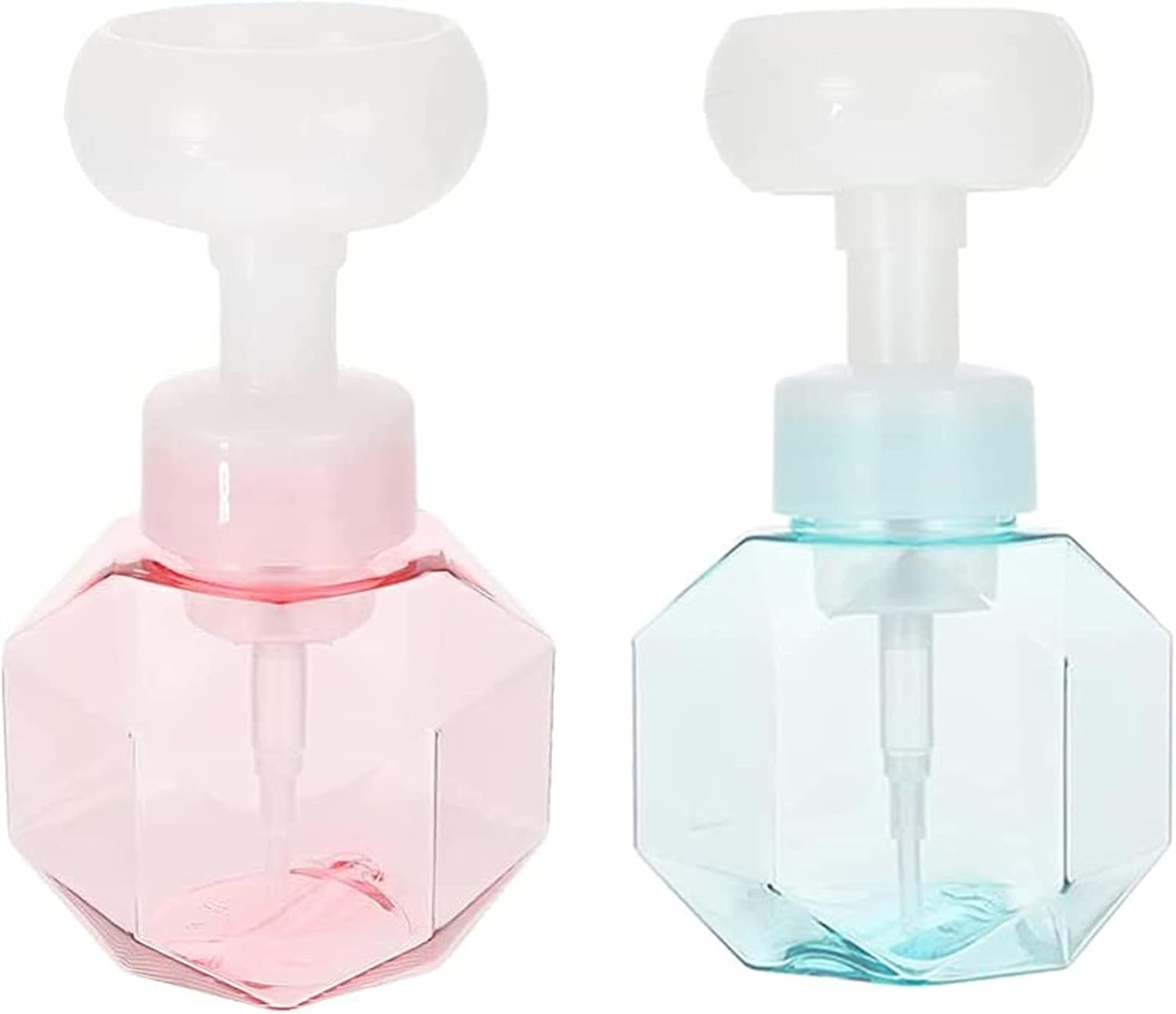 Zestaw 2 napełnianych dozowników pianki do kąpieli w kształcie kwiatów, jasnoniebieski i różowy, 300 ml
