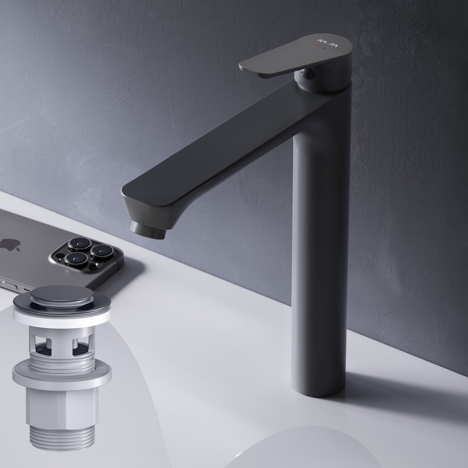 Bateria umywalkowa z wyciąganym odpływem, czarna, rozmiar L, FTA92222 AM.PM