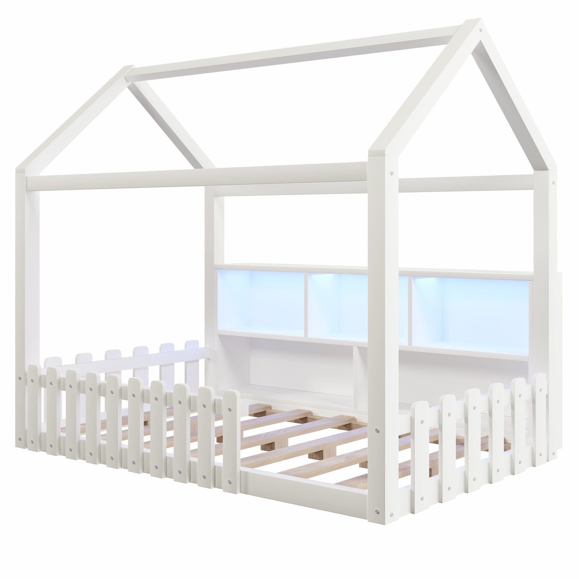 Lit cabane enfant 90x190 cm avec bande LED, Lit enfant avec barreaux, rangements ouverts, Lit plat en pin, style minimaliste, blanc,&nbsp;Sans matelas - 6