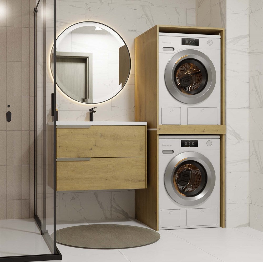 POLA TWIN - Mobile da bagno per lavatrice e asciugatrice con colonna a scaffali - Rovere - 5