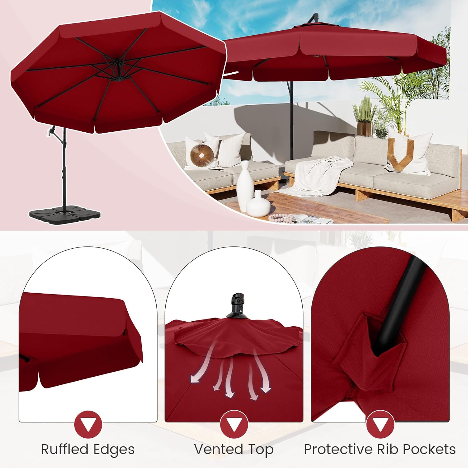Parasol Déporté 3x3m avec Housse, Grand Parasol de Jardin Exterieur,8 Baleines et Base Croisée, Parasol Inclinable Suspendu avec Manivelle(Rouge) - 8